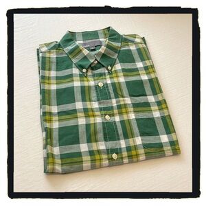 💕Vince button down 100% cotton short sleeve mens checkered green white yellow💕